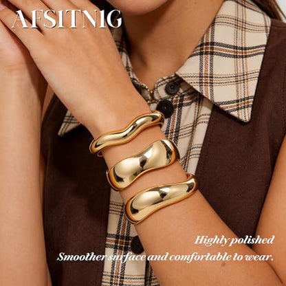 Chunky Gold Bangles Bracelets for Women, 14k Gold Plated Hinged Big Stackable Bangles Set, Trendy Wide Statement Cuff Bracelets Stack Fashion Jewelry Gifts - color: Gold-3pcs-Styles-1