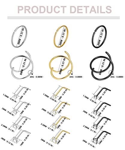 21PCS 18G 20G 22G 316L Stainless Steel Nose Rings Hoop for Women Men Double Nose Ring CZ Nose Stud Piercing Jewelry - color: 20G-Sliver+Gold+Black