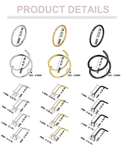 21PCS 18G 20G 22G 316L Stainless Steel Nose Rings Hoop for Women Men Double Nose Ring CZ Nose Stud Piercing Jewelry - color: 20G-Sliver+Gold+Black