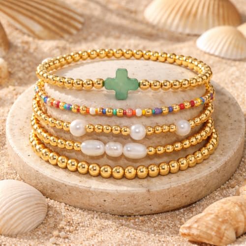 Gold Bracelets for Women, Beaded Cross Stack, Non Tarnish Set，Set-1 | Gold Beaded Bracelet Stack with Stretch Fit, Waterproof Finish and Dainty Design for Everyday Wear and Gifts - color: Colors-2