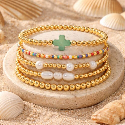 Gold Bracelets for Women, Beaded Cross Stack, Non Tarnish Set，Set-1 | Gold Beaded Bracelet Stack with Stretch Fit, Waterproof Finish and Dainty Design for Everyday Wear and Gifts - color: Colors-2