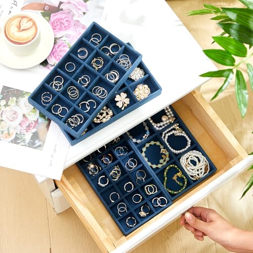 12 Pcs Jewelry Tray Velvet Stackable Jewelry Organizer Trays Divided Earring Accessories Storage Containers Box (Rose Red) - color: Peacock Blue