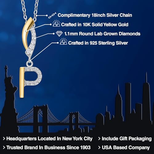 Gem Stone King Initial Pendant Necklace Letter A to Z Alphabet | 10K Yellow Gold and 925 Sterling Silver | White Lab Grown Diamond | Gift Women Mother's Day Wife Mom Girlfriend Anniversary Birthday | - style: Initial P