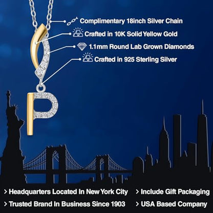 Gem Stone King Initial Pendant Necklace Letter A to Z Alphabet | 10K Yellow Gold and 925 Sterling Silver | White Lab Grown Diamond | Gift Women Mother's Day Wife Mom Girlfriend Anniversary Birthday | - style: Initial P