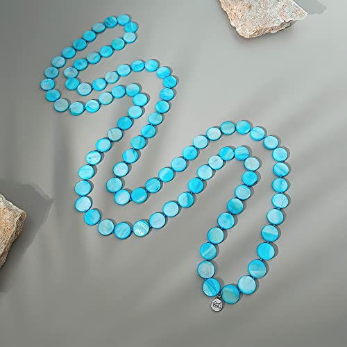 Firstmeet Flat Round Coin Shell Beads Long Knotted Necklace Natural Mother of Pearl Handmade Jewelry For Women - color: Blue