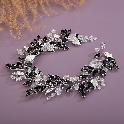 Kercisbeauty Silver Leaves Black Crystal Beads Headpiece for Women Wedding Bridal Hair Jewelry Boho Handmade Headband Prom (Silver) - color: Silver
