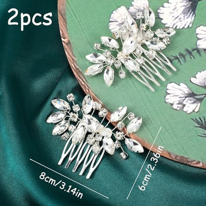 2 Pcs Crystal Bride Wedding Hair Comb, Silver Rhinestone Silver Bridal Side Comb Bridal Hairpieces Bridesmaid Clips Accessories, Silve-Bridal-Headpiece Wedding Hair Piece for Women and Girls