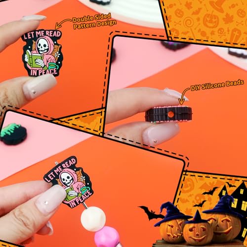 12pcs Halloween Silicone Focal Beads for Pens | Focal Beads for Keychain Making,Pens,Bracelet,Necklace Crafts,Bulk Silicone Beads for DIY（Halloween） - color: Halloween