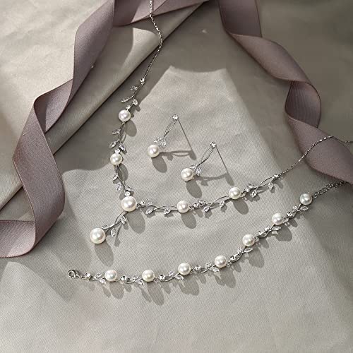 EVER FAITH Cubic Zirconia Pearl Leaf Vine Wedding Jewelry Set for Bride | Crystal Filigree Bridal Necklace Earrings, for Women Bridesmaid - color: 3pcs_Clear Silver-Plated-Brass