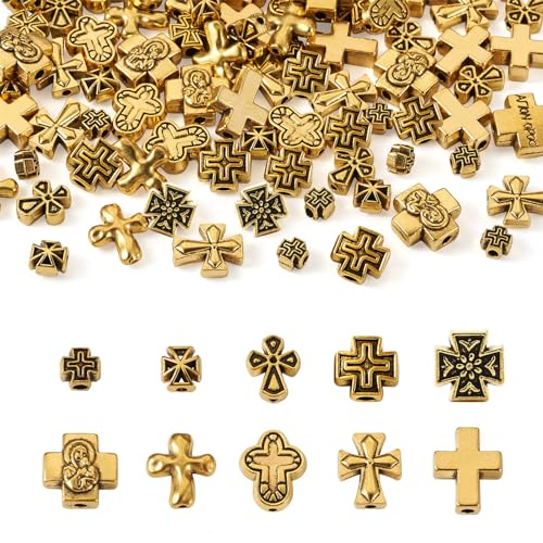 Craftdady 100 Pcs Tibetan Cross Beads - 10 Style Retro Alloy Crucifix Beads with Antique Golden Cross Spacers and Holy Charms for Jewelry Crafts - color: Antique Golden Cross