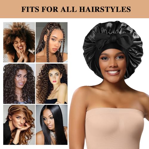 2+3 Large Satin Bonnets with Scrunchies for Women, Hair Bonnet Sleeping Tie Bonnet for Braids Curly Hair - color: #a - Black, Rose Gold