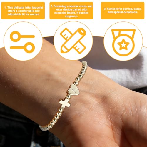 Mikovivi Women's Cross Bracelet with Initial Beads, Elastic Heart Alphabet Charm Stackable Beaded Bracelet Religious Christian Jewelry Gift - style: Letter A
