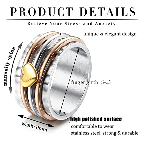 Magitaco Stainless Steel Spinner Rings Fidget Band Rings Moon Star Flower Butterfly Anxiety Rings for Women Men - color: Heart
