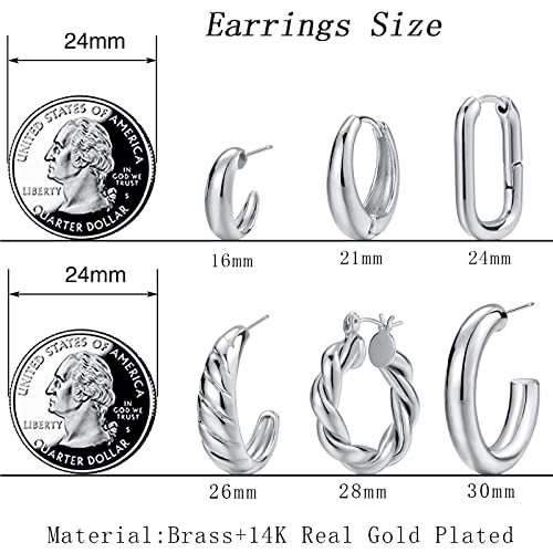 Gold Hoop Earrings Set for Women, 6 Pairs 14K Gold Plated Lightweight Hypoallergenic Chunky Open Twisted Hoops Earrings Pack Jewelry - color: Silver Classic