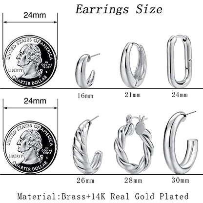 Gold Hoop Earrings Set for Women, 6 Pairs 14K Gold Plated Lightweight Hypoallergenic Chunky Open Twisted Hoops Earrings Pack Jewelry - color: Silver Classic