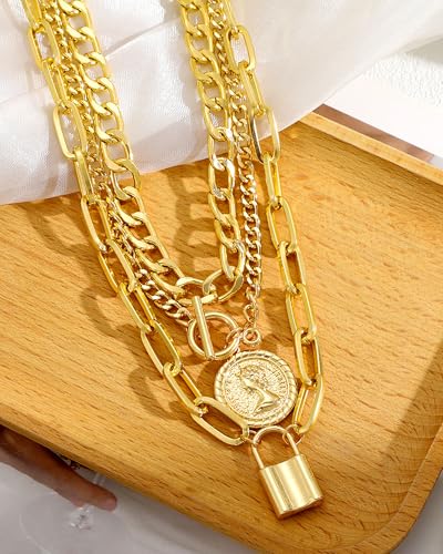 Gold Layered Necklaces for Women Chunky Layered Gold Link Chain Necklaces Trendy Paperclip Herringbone Toggle Clasp Necklace Statement Jewelry Accessories for Her - color: A5:gold chunky necklace