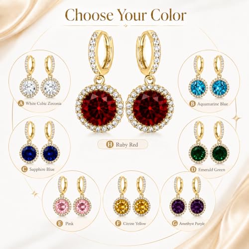 14K Gold Plated Hoop Dangle Earrings for Women, Hypoallergenic Colorful Cubic Zirconia Drop Earrings, Lightweight Huggie Earrings for Women - color: Gold/Ruby Red