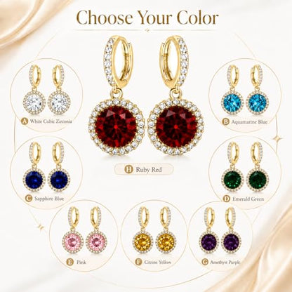 14K Gold Plated Hoop Dangle Earrings for Women, Hypoallergenic Colorful Cubic Zirconia Drop Earrings, Lightweight Huggie Earrings for Women - color: Gold/Ruby Red