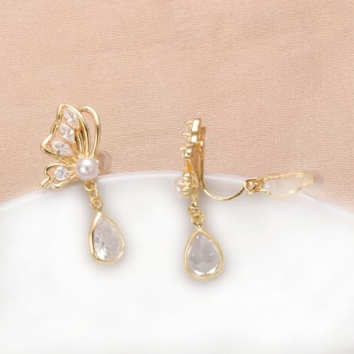 Yoursfs Clip On Pearl Butterfly Earrings for Women Bow Pearl Dangle Earrings Rhinestone Gold Dangle Earrings 18K Gold Plated Jewelry