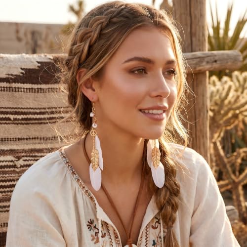 FRESHME Native American Earrings for Women - Ethnic Boho Feather Dangle Jewelry with Tessel for Birthday Party Photoshoot - color: White