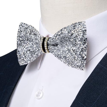 DiBanGu Mens Rhinestone Bow Tie with Ring and Lapel Pin Set | Adjustable Strap,Pre-tied Style,3PCS,Sequin Diamond Bowties，Solid/Mix Color,Shiny Accessory,for Party Prom Banquet Wedding - color: Silver