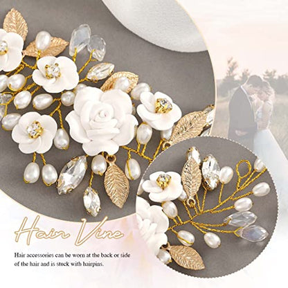 GORAIS Flower Wedding Hair Vine Pearl Bridal Hair Pieces Crystal Hair Accessories for Bride and Women - color: b-gold