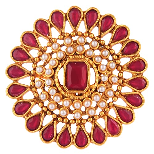 Efulgenz Indian Jewelry Ring Round Faux Pearl Crystal Adjustable Big Finger - color: Dark Pink