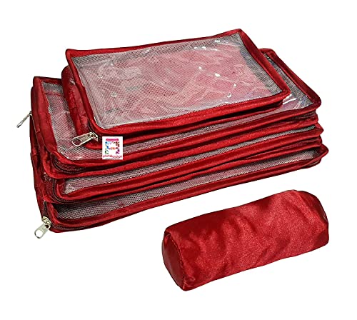 atorakushon Satin Maroon Make-Up Pouch Jewellery Box 4 Pouch 1 roll Bangle in Cosmetic Bag Necklace Earrings Vanity Jewellery Organiser For Women's - style: New