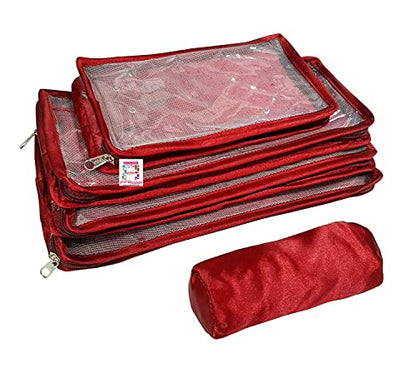 atorakushon Satin Maroon Make-Up Pouch Jewellery Box 4 Pouch 1 roll Bangle in Cosmetic Bag Necklace Earrings Vanity Jewellery Organiser For Women's - style: New
