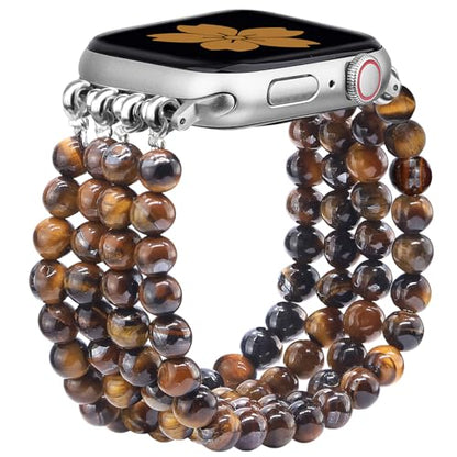 Newlibery Natural Stone Bracelet Beaded-Band Women Compatible with Apple Watch 42mm(S3/2/1) 44/45/46/49mm Feminine Handmade Stretch Strap for iWatch Series 11/10/9/8/7/6/5/4/3/2/1 SE 3/2/1 Ultra1/2/3 - color: A6 Tiger's Eye, size: 46(s10/11)/49/45/44/42mm