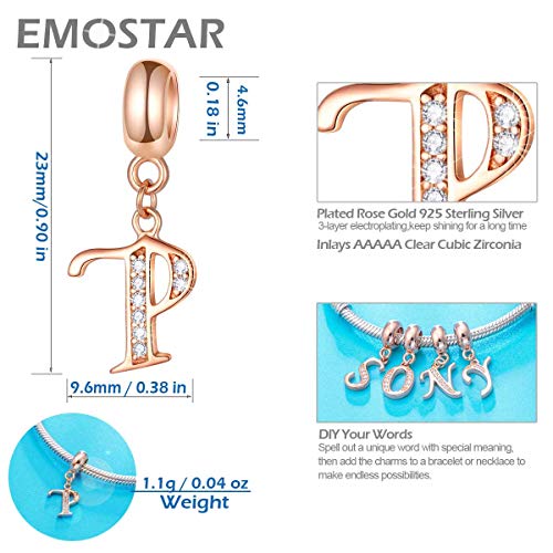 EMOSTAR Letter Charms Initial A-Z Alphabet Beads, Rose Gold 925 Sterling Silver Dangle CZ Birthstone Pendant, Gifts for European Charm Bracelet/Mothers Day/Birthday - color: Letter P