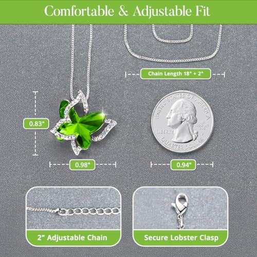 Butterfly Necklace, Birthstone Crystal, for Women, Silver Tone Pendant Jewelry, Anniversary Birthday Gift for Her, Wife & Mom, 18"+2" - color: 08-August Birthstone - Peridot Green Crystal