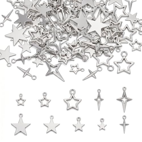 100PCS Silver Tibetan Star Charms,Metal Hollow Pentagram Pendants Tibetan Star Pendant Hollow Celestial Stars Charms Tibetans Style Alloy Pendants for Necklace Earring Bracelet Craft Jewelry Making