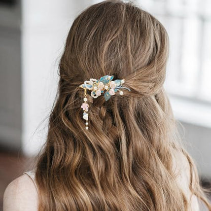 A Pair Wedding Hair Clips, Handmade Floral Design Crystal Hair Clips Pearl Barrettes, Rhinestones Flower Clips Pearl Headpieces Hair Pins Hair Accessories for Women Girls (Blue&White) - color: Blue&White