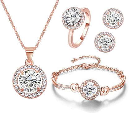 Women 4Pieces Cubic Zirconia Jewellery Set Rhinestone Necklace Earrings Bracelet Ring - color: Rose Gold