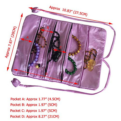 Travel Jewelry Roll Bag - Embroidered Brocade Pouch for Rings, Necklaces, Earrings, Bracelets | Lightweight & Tie Closure (Light Purple) - color: Light Purple