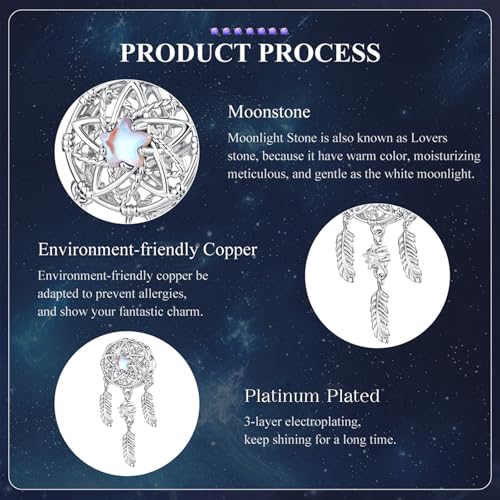 Celestial Bead Charms for Bracelets, Star Moon Dreamcatcher Dangle Charms, Silver Tone Copper, Glass Resin CZ Accents, Charm Beads for Women Jewelry Making, Gift Box Included - color: Star Dreamcatcher Dangle Charm