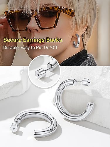 PROSTEEL Chunky Hoop Earrings for Women 14K Gold Plated/Black/Silver | 20/30/40/50/60/70/80mm Stainless Steel Thick Big Round Hoop with Waterproof and Non Tarnish Trendy Jewelry with Gift Box - color: 2. Silver, size: 30MM