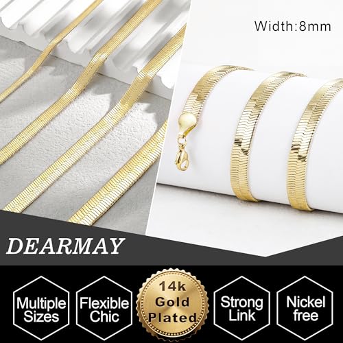 DEARMAY 14K Gold Plated Herringbone Necklaces for Women, Dainty Gold Snake Choker Chain Non Tarnish Trendy Simple Thin & Chunky Options Neckalce 1.5/3/5/6/8mm Chain Jewelry for Gifts - color: 8MM 16"-GD Herringbone Necklace