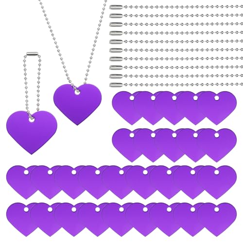 PATIKIL 60 Pcs Blank Dog Tags Set, Including 30 Pcs Aluminum Metal Stamping Heart Shape Label 30 Pcs Ball Steel Chain for DIY Decor Laser Engraving Necklace, Purple - color: Purple