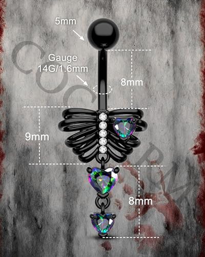 Black Skeleton Heart Belly Button Rings Dangle Halloween Navel Rings 14G Belly Piercing Jewelry Stainless Steel - color: VM CZ