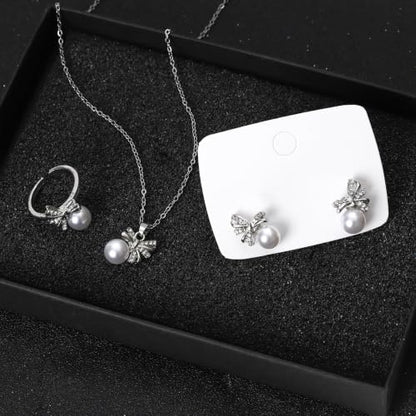 NEWITIN 15 Pieces Pearl Jewelry Set for Women Wedding Costume Accessories | Hypoallergenic, Cubic Zirconia, CZ Necklaces Earrings Bracelets Rings, Silver Jewelry for Wedding Bride Bridesmaid Party Prom - color: Silver Pearl B