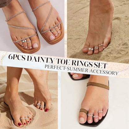 NICEIGHT 6Pcs 14K Gold Filled Toe Rings for Women Non Tarnish Silver Flower Hug Band Toe Rings Simple Adjustable CZ Twist Toe Ring Summer Beach Foot Jewelry for Women - color: Silver A