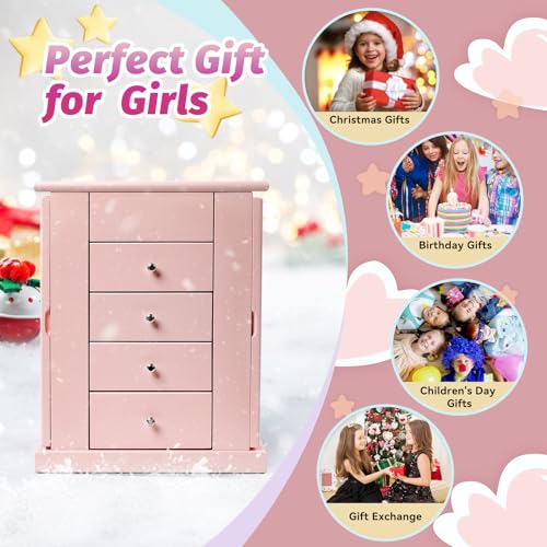 Emfogo Jewelry Box for Girls, Musical Jewelry Box with Spinning Dancer Gifts for Little Girls Christmas New Year Birthday Children's Day, 5 Layer Large Wooden Kids Music Jewelry Organizer Box(Pink) - color: Pink