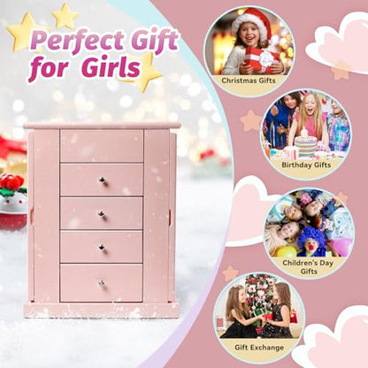 Emfogo Jewelry Box for Girls, Musical Jewelry Box with Spinning Dancer Gifts for Little Girls Christmas New Year Birthday Children's Day, 5 Layer Large Wooden Kids Music Jewelry Organizer Box(Pink) - color: Pink