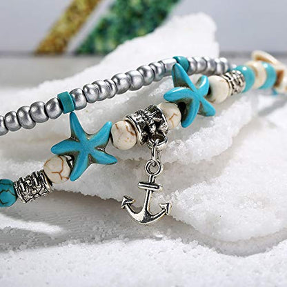 Softones Blue Starfish Turtle Anklet Multilayer Charm Beads Sea Handmade Boho Anklet Foot Jewelry for Women - style: O:Boat Anchor