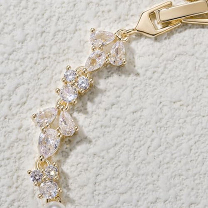 EVER FAITH Cubic Zirconia Pearl Bridal Prom Tennis Bracelet for Women | Elegant Pear CZ Wedding Jewelry Gift, for Bride Bridesmaid - style: Floral_Gold-Plated-Brass