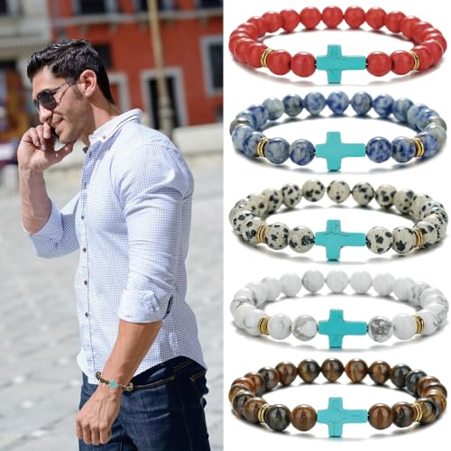 Beaded Bracelets Cross Bracelet for Women Men Lava Rock Turquoise Tiger Eye Natural Bracelet Anxiety Healing - color: 10 Pcs- green cross