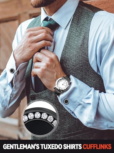 FaithHeart Mens Cufflinks, Norse Viking Tuxedo Shirt Cuff Links, Stainless Steel Cuff Links and Shirt Studs, Gift Box - style: 03. Black Onyx CZ-Black