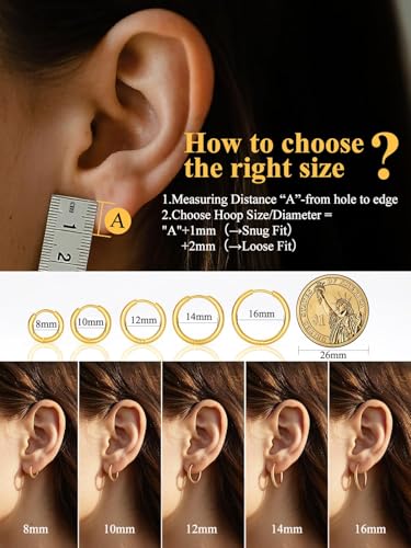 Small Hoop Earrings for Women 7-16mm Stainless Steel Huggie Earrings Lightweight - color: c. Gold A, size: Diameter 8mm